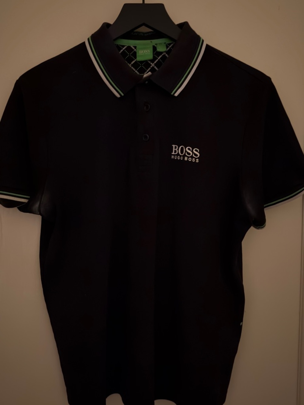 Like new Hugo Boss Men's Black Polo Shirt with White and Green Trim size small